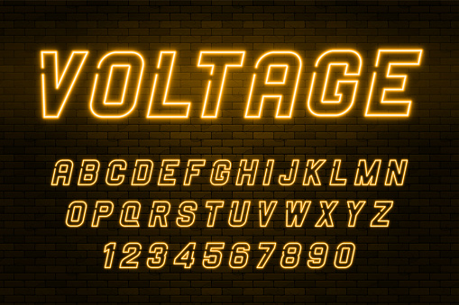 Voltage neon light alphabet, realistic extra glowing font with brick wall background. Exclusive swatch color control.
