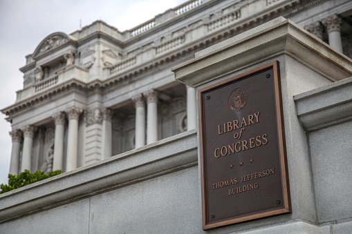 U.S. Library of Congress Jefferson Building West Facade in Washington DC.