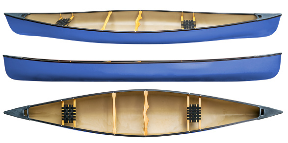 blue tandem canoe with wood seats isolated on white - top and side views