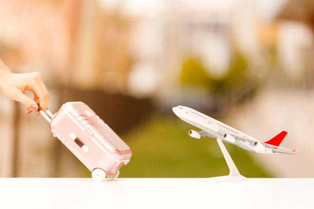 istock Miniature toy airplane and suitcases on bokeh background 903921036