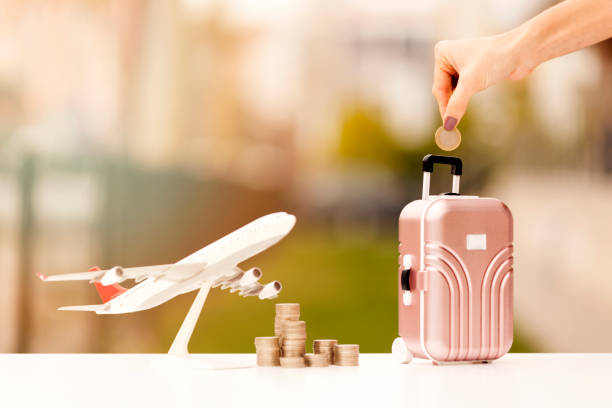 Miniature toy airplane and suitcases on bokeh background