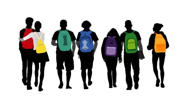 Personality Shines Backpack Students A bunch of students walk together with colorful backpacks on their back teenager illustrations stock illustrations