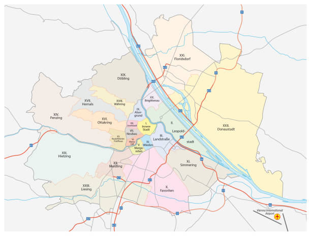 wien stadtplan administrative und politische - danube river illustrations stock-grafiken, -clipart, -cartoons und -symbole