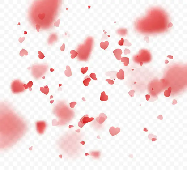 Vector illustration of Heart confetti falling on transparent background. Valentines day card template. Vector illustration