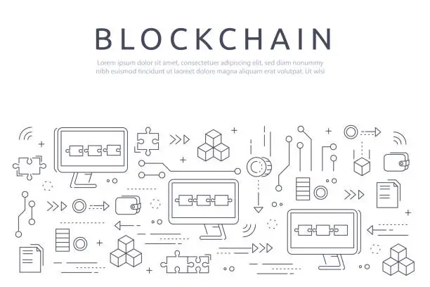 Vector illustration of Blockchain technologie process abstract illustration in thin line style. Cryptocurrency vector concept.