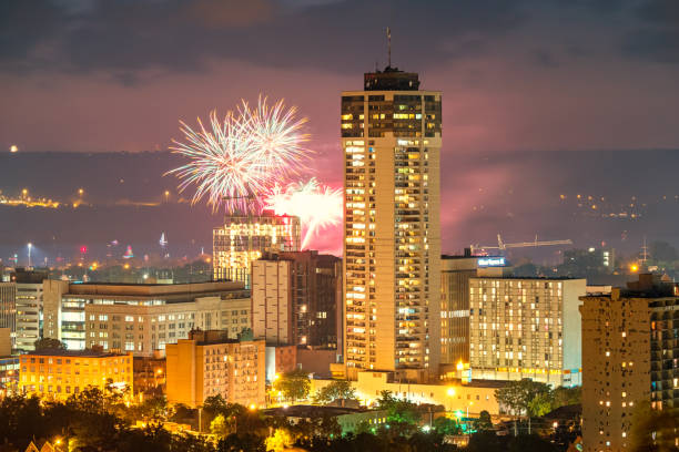 Stock photograph of the skyline of Hamilton, Ontario, Canada during the Canada Day fireworks.