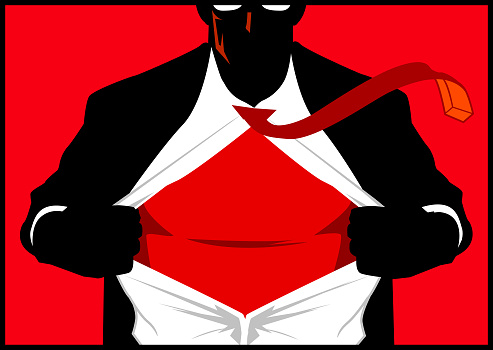 A silhouette style illustration of a superhero ripping his shirt revealing superhero costume inside. Wide space available for your copy or text.