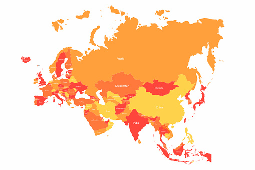 Vector Eurasia map with countries borders. Abstract red and yellow Eurasia countries on map for infographic