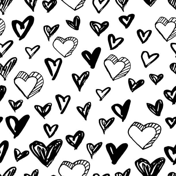 ilustrações de stock, clip art, desenhos animados e ícones de vector seamless hearts pattern. black and white background made with watercolor, ink and marker. - 3369