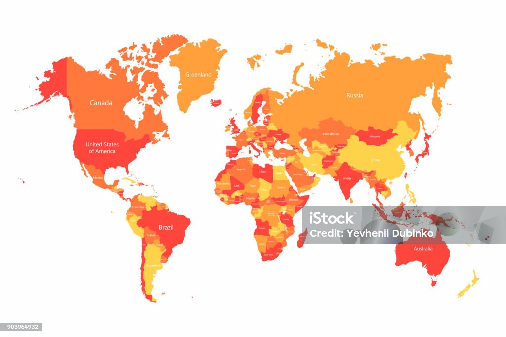 Vecteur de carte du monde avec les frontières du pays. Abstrait rouge et jaune sur la carte, les pays du monde - clipart vectoriel de Planisphère libre de droits