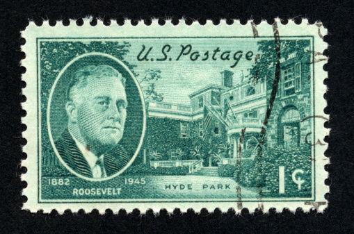 Antique stamp from the United States with an image of President Roosevelt (1882-1945) and Hyde Park.