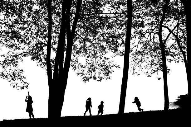Kids Playing By The Lakeshore Illustration of kids running by the lakeshore in silhouette field trip clip art stock illustrations