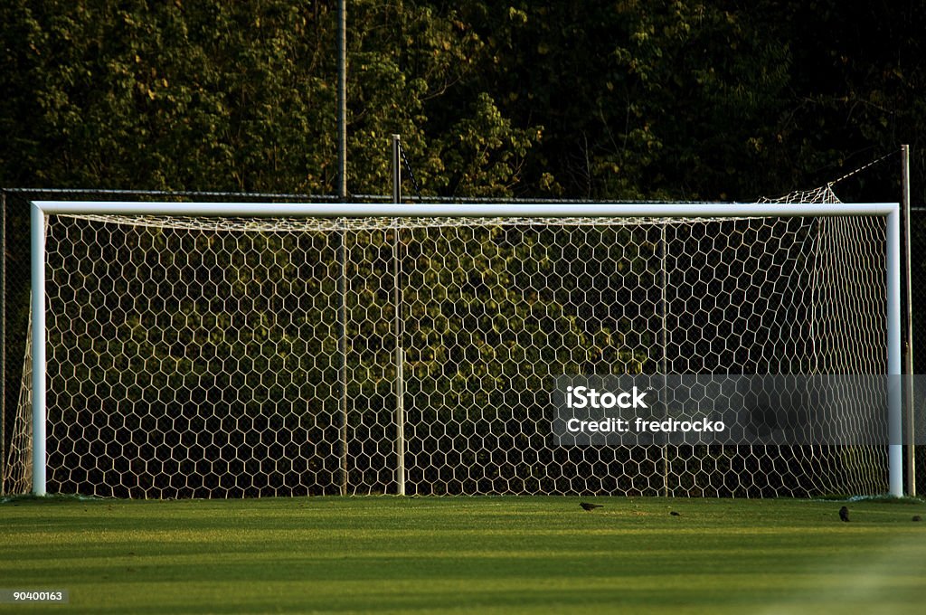 Goal and Soccer Net on Soccer Field during Soccer Game this picture is a Soccer Goal and Soccer Net on Soccer Field during Soccer Game. the lawn is green grass or artificial turf. the lighting is natural lighting with sunlight during the day or evening. this was taken at a sporting event.  Abstract Stock Photo