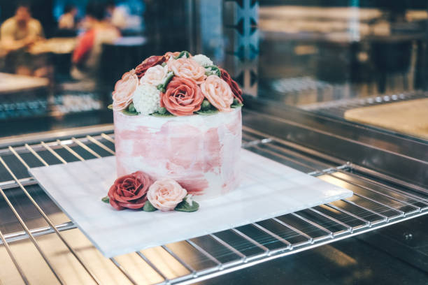 Close up of flower cake in the cafe.