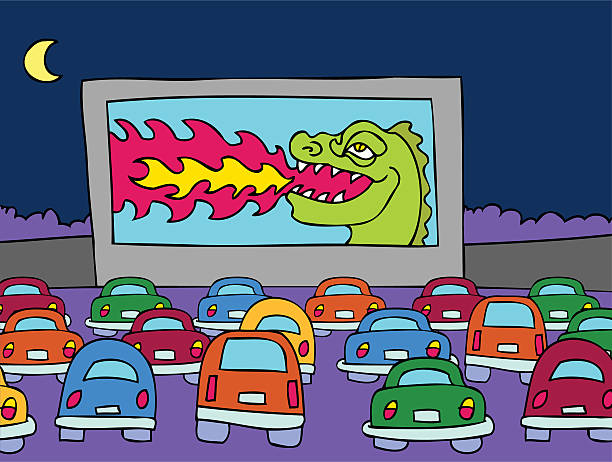 A cartoon drawing of a drive-in theatre vector art illustration
