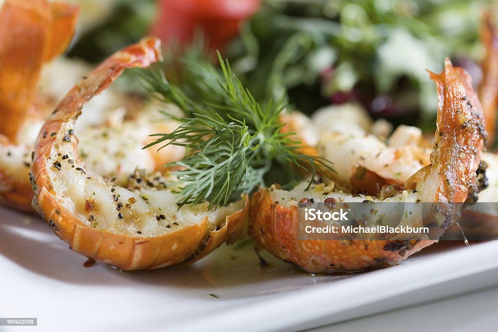 Speisen-Makro gegrillte Shrimps - Lizenzfrei Blattgemüse Stock-Foto