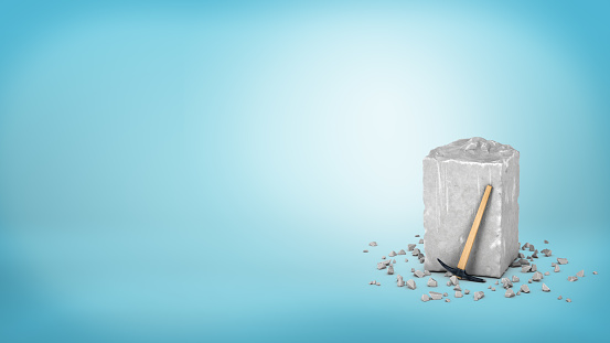 3d rendering of a large grey piece of rough grey stone with a small hammer leaning on it on blue background