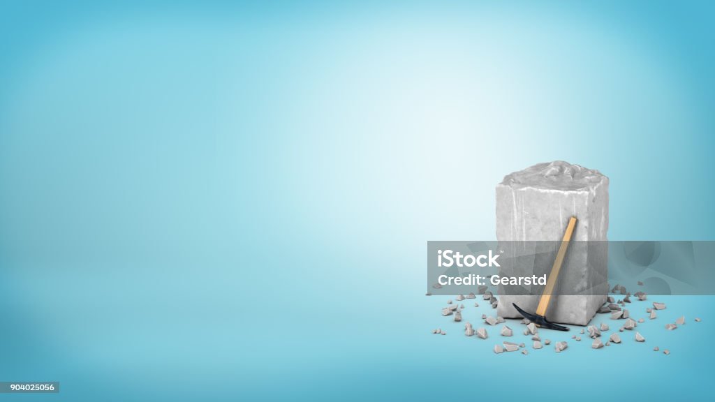 3d rendering of a large grey piece of rough grey stone with a small hammer leaning on it on blue background 3d rendering of a large grey piece of rough grey stone with a small hammer leaning on it on blue background. Begin your work. Start from scratch. Stonework. Sculptor Stock Photo