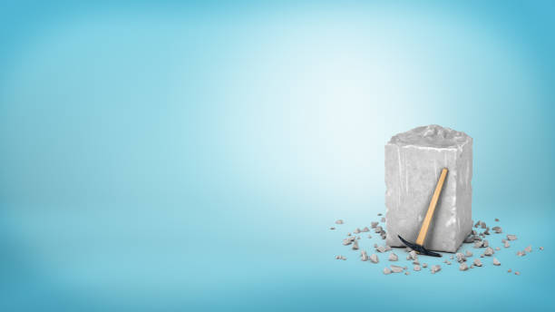 3d rendering of a large grey piece of rough grey stone with a small hammer leaning on it on blue background 3d rendering of a large grey piece of rough grey stone with a small hammer leaning on it on blue background. Begin your work. Start from scratch. Stonework. sculptor stock pictures, royalty-free photos & images