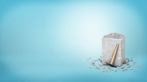 3d rendering of a large grey piece of rough grey stone with a small hammer leaning on it on blue background 3d rendering of a large grey piece of rough grey stone with a small hammer leaning on it on blue background. Begin your work. Start from scratch. Stonework. chisel stock pictures, royalty-free photos & images