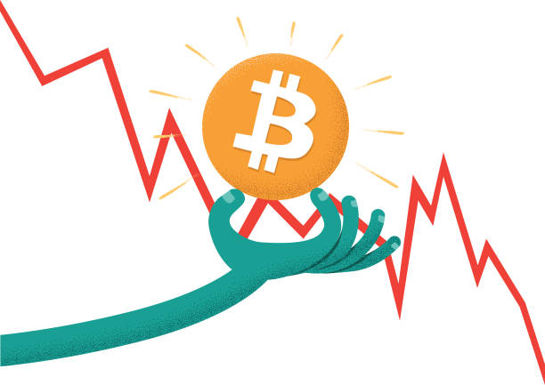 ilustrações de stock, clip art, desenhos animados e ícones de stylized illustration of bitcoin cryptocurrency in hand with crashing graph in background - graph moving down recession line graph