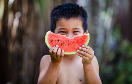 Healthy lifestyle with kid eating watermelon, Auckland, New Zealand.