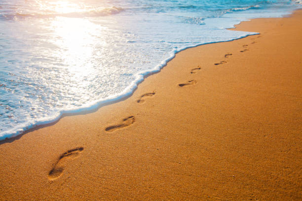 strand, wellen und fußabdrücke bei sonnenuntergang - footprint sand sea beach stock-fotos und bilder