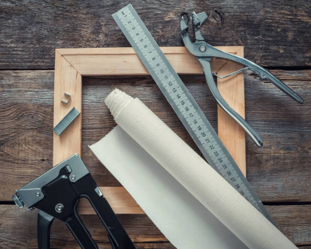 Artist Canvas In Roll Wooden Stretcher Bar Canvas Stretcher Pliers Staple  Gun And Ruler For Measuring On Wooden Background Top View Stock Photo -  Download Image Now - iStock