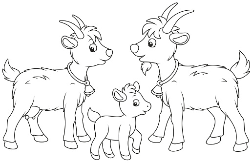 A funny goat family, a black and white vector illustration in cartoon style for a coloring book