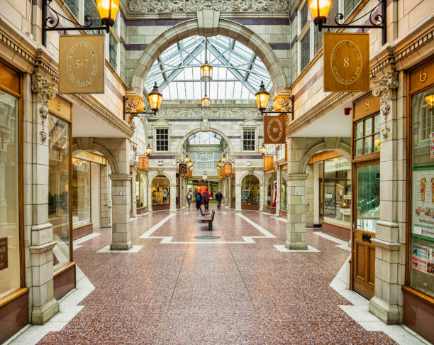 5 June 2017: Chester, UK - St Michael's Row, An arcade of shops in the city of Chester, leading to the Grosvenor shopping centre.