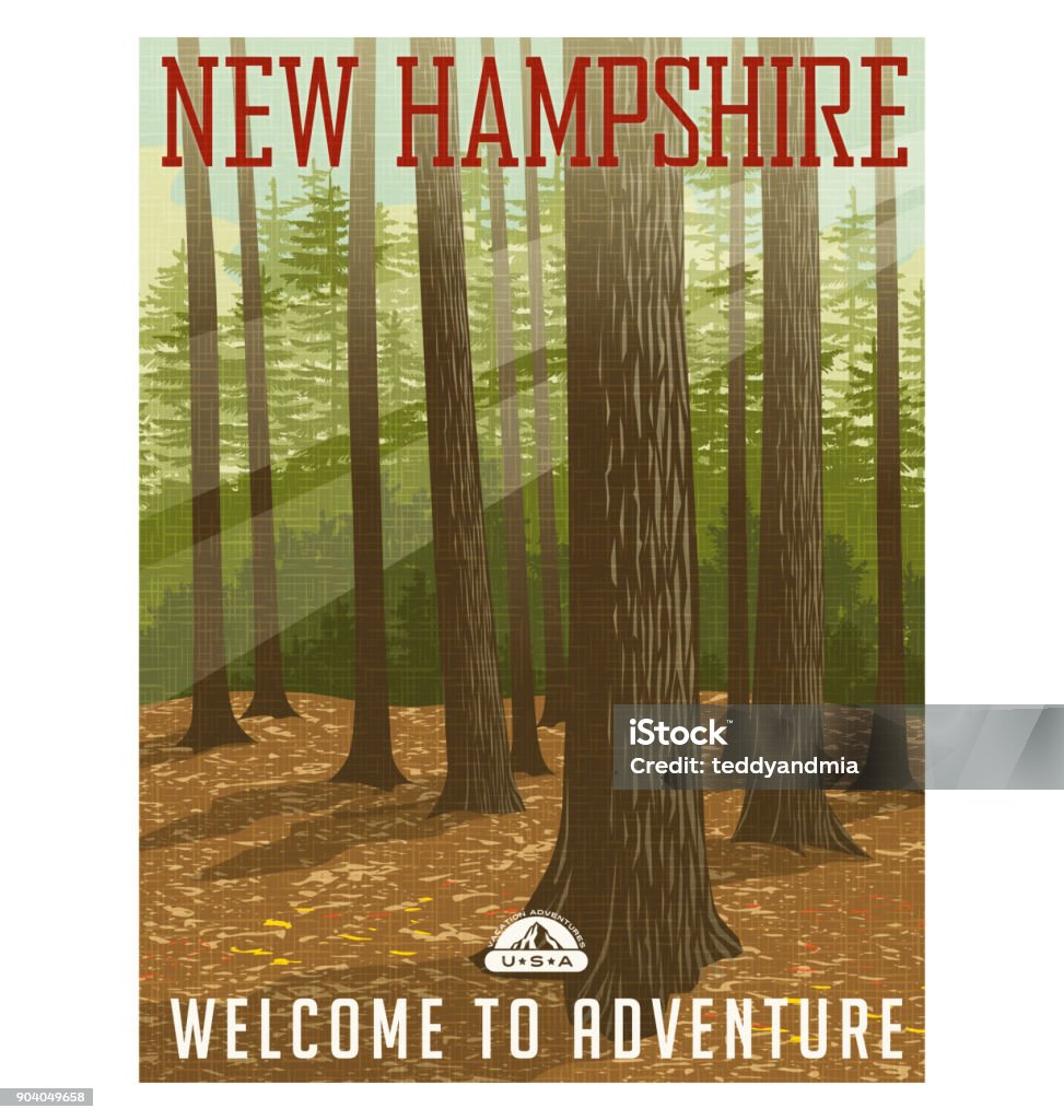 Retro style travel poster or sticker. United States, New Hampshire forest. Retro style travel poster or sticker. United States, New Hampshire. Deep forest with sunlight filtering through. Poster stock vector