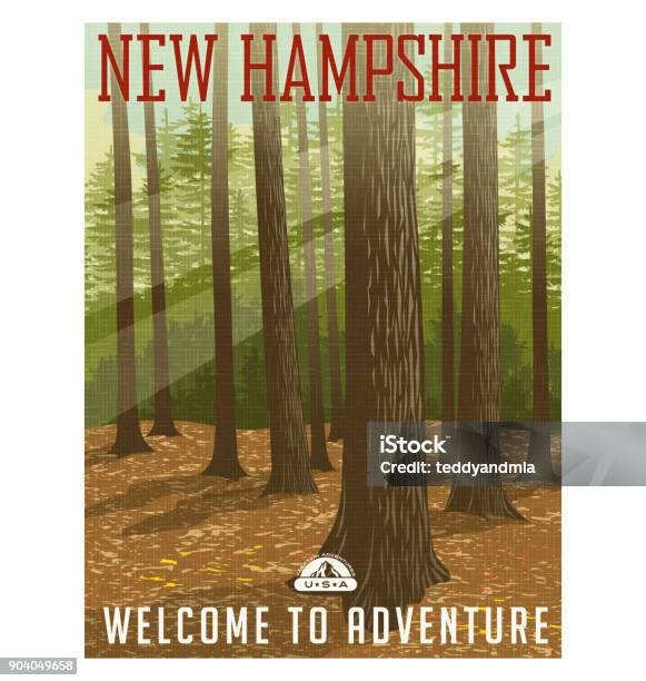 Retro Style Travel Poster Or Sticker United States New Hampshire Forest Stock Illustration - Download Image Now