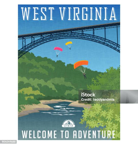 Ilustración de Cartel De Viaje De Estilo Retro O Etiqueta Estados Unidos West Virginia y más Vectores Libres de Derechos de Virginia Occidental - Estado de EE. UU.