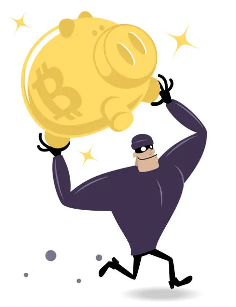 Vector illustration of Thief (bandit, mugger) stealing Bitcoin piggy bank and running (computer hacker; cryptocurrency mining; currency bubble)