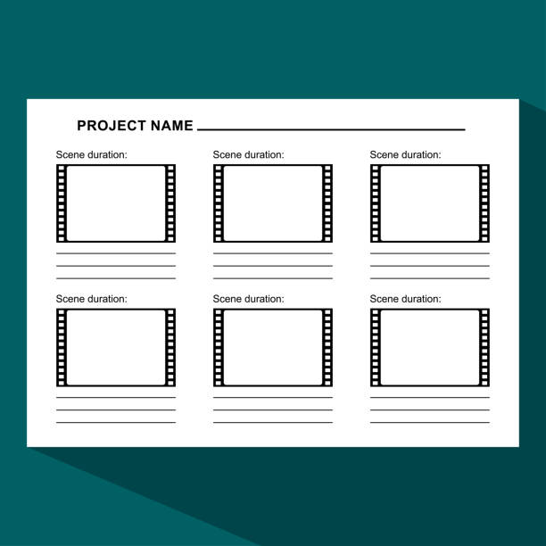 Storyboard template in form of a film Storyboard template in form of a film. Scenario for media production. Flat vector cartoon illustration. Objects isolated on a white background. storyboard template stock illustrations