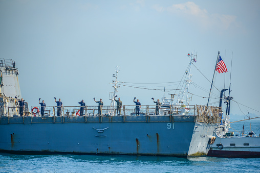 Pattaya, Thailand - November 18, 2017, Marines in activity of fleet review on warship running on sea on the 50th anniversary ASEAN international fleet review 2017 drill in Pattaya, Thailand