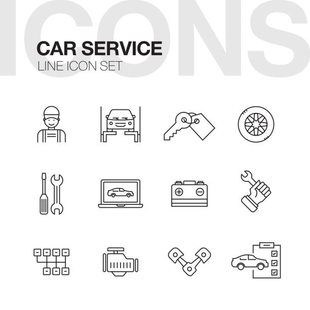 illustrations, cliparts, dessins animés et icônes de voiture réparation service ligne icons set - truck key