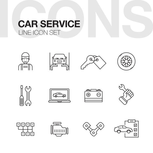 illustrazioni stock, clip art, cartoni animati e icone di tendenza di set icone linea assistenza riparazione auto - truck key