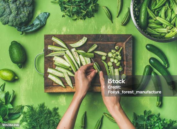 Flatlay Of Healthy Green Vegan Cooking Ingredients Stock Photo - Download Image Now