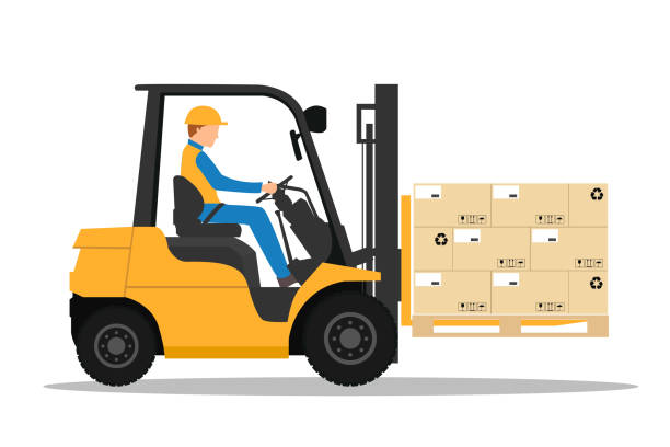 ilustrações de stock, clip art, desenhos animados e ícones de forklift truck with man driving. - empilhadora