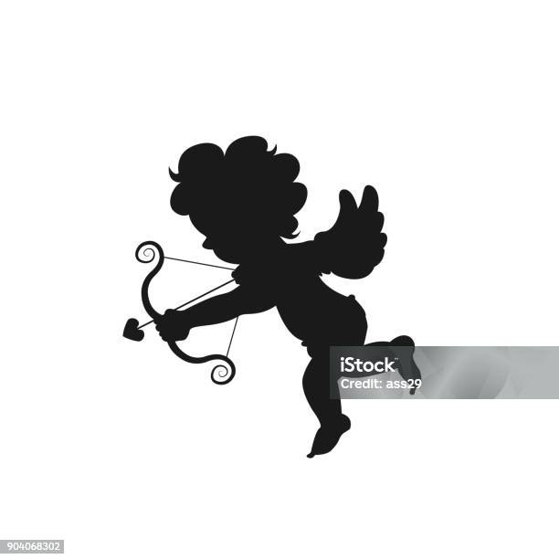 Silhouette Amour Cupid Baby Symbol Ancient Mythology Angle Holding Bow And Arrow Isolated On White Background For Decorate On Valentines Day Vector Illustration Stock Illustration - Download Image Now