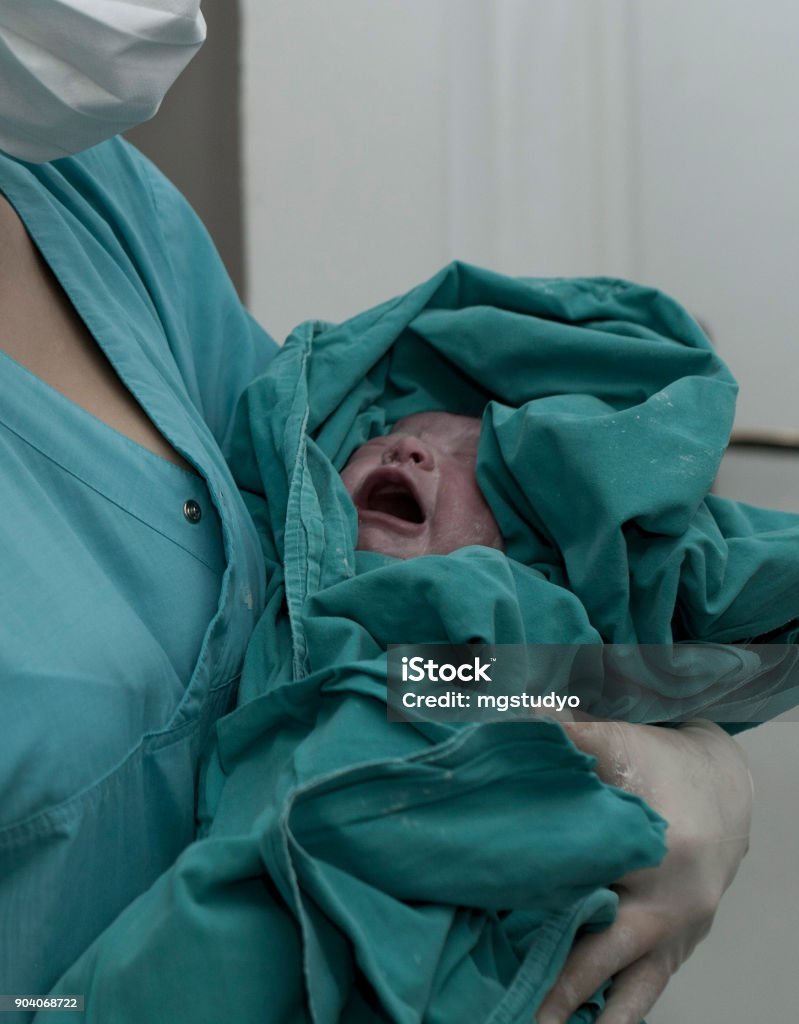 Nurse holding new born baby Baby - Human Age Stock Photo