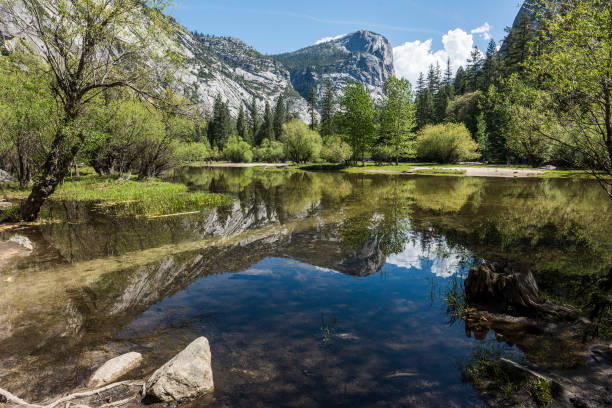 Mirror Lake Half Dome reflecting in a Mirror Lake, Yosemite National Park. California, USA mirror lake stock pictures, royalty-free photos & images