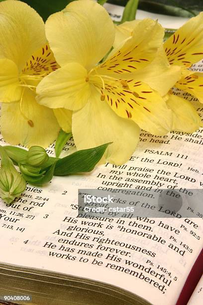 Photo libre de droit de Religieux Fonctionne Du Lord Bible Scripture Avec Fleurs Jaunes banque d'images et plus d'images libres de droit de Bible
