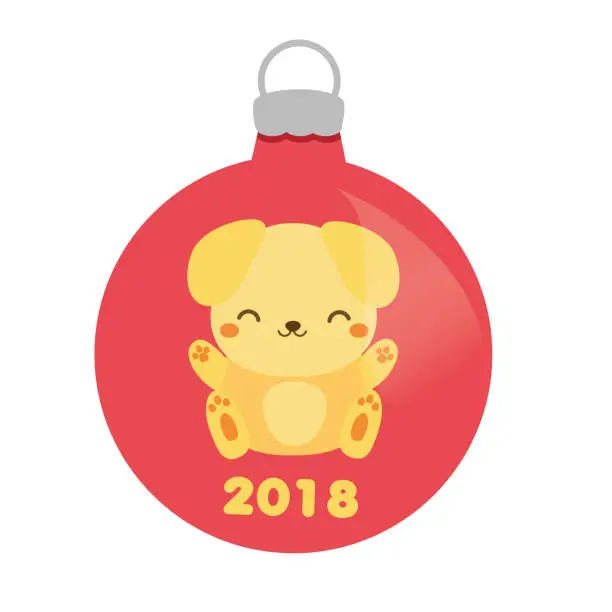 Vector illustration of Christmas bauble with cute yellow dog. 2018 new year symbol. Isolated icon, design element