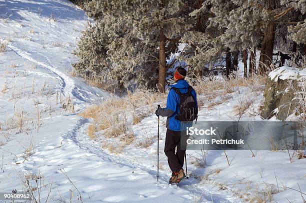 Homem Escalada Snowshoer Hill - Fotografias de stock e mais imagens de Inverno - Inverno, Perseguição - Conceito, Admirar a Vista