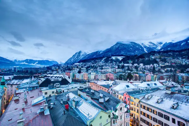 Innsbruck - Austria, Winter Cityscape of the city center and the Alps