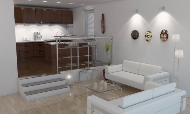 American style designed living room and kitchen interior. (3d render)