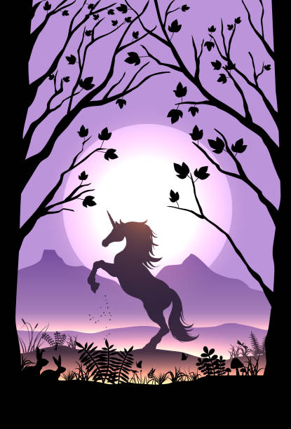 istock Silhouette of a skittish unicorn at sunset, vector illustration 904098192