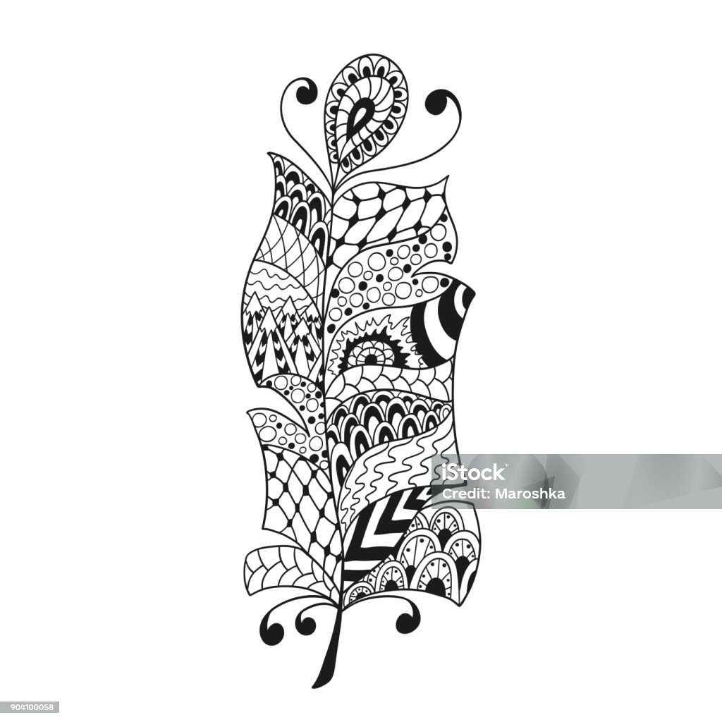 Hand drawn peacock feather for anti stress colouring page. Hand drawn peacock feather for anti stress colouring page. Pattern for coloring book.  Vector illustration in ethnic style. Ornamental design. 1960-1969 stock vector